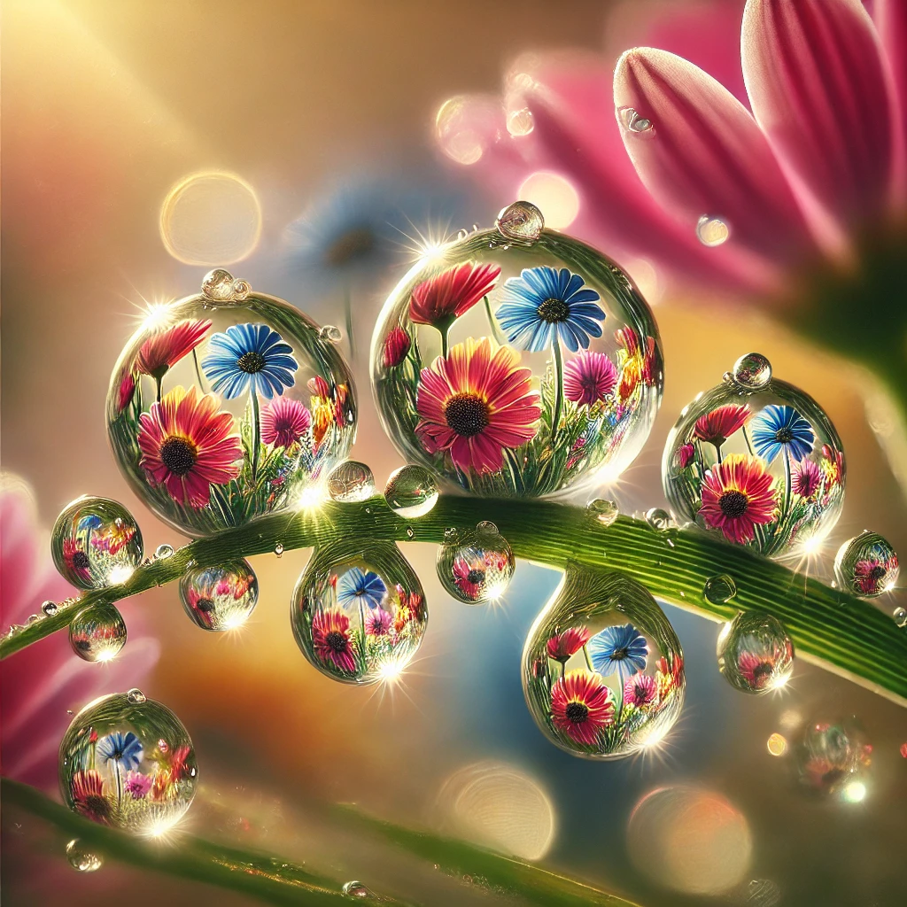 Flowers mirrored in dew drops