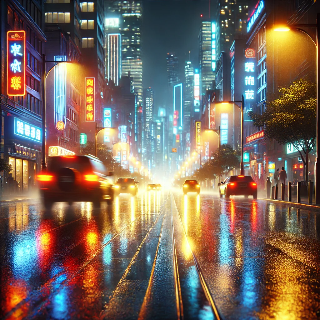 Nighttime city lights on wet streets